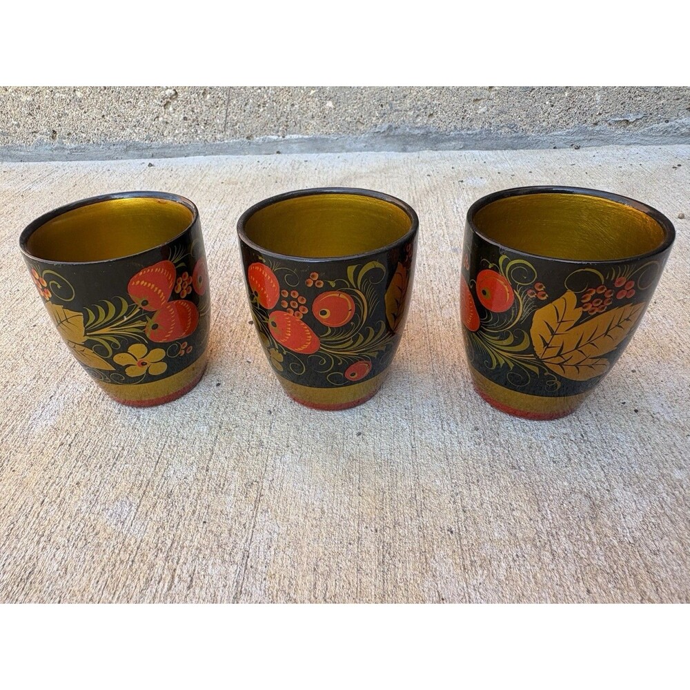 Vintage USSR Russian Khokhloma 5 Piece Lacquer Bowl Cups & Large 12" Ladle Spoon - Picture 13 of 16